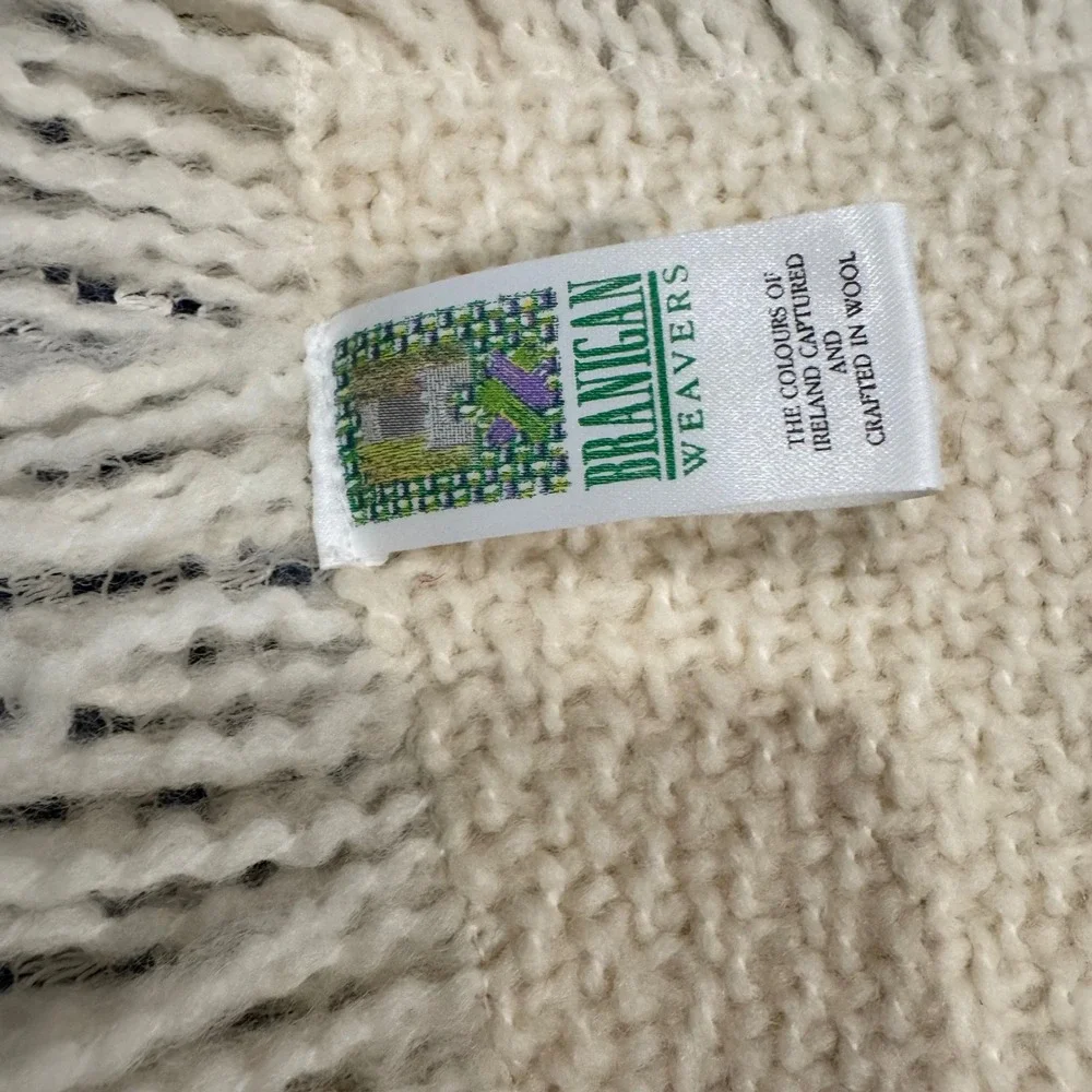 Branigan Weavers Cream Wool Baby Blanket Heirloom Lace‎ Ribbon Bows Fringed Edge
